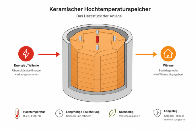 HeatVaultPower Energiespeicher Schematische Darstellung eines keramischen Hochtemperaturspeichers zur langfristigen Speicherung thermischer Energie.